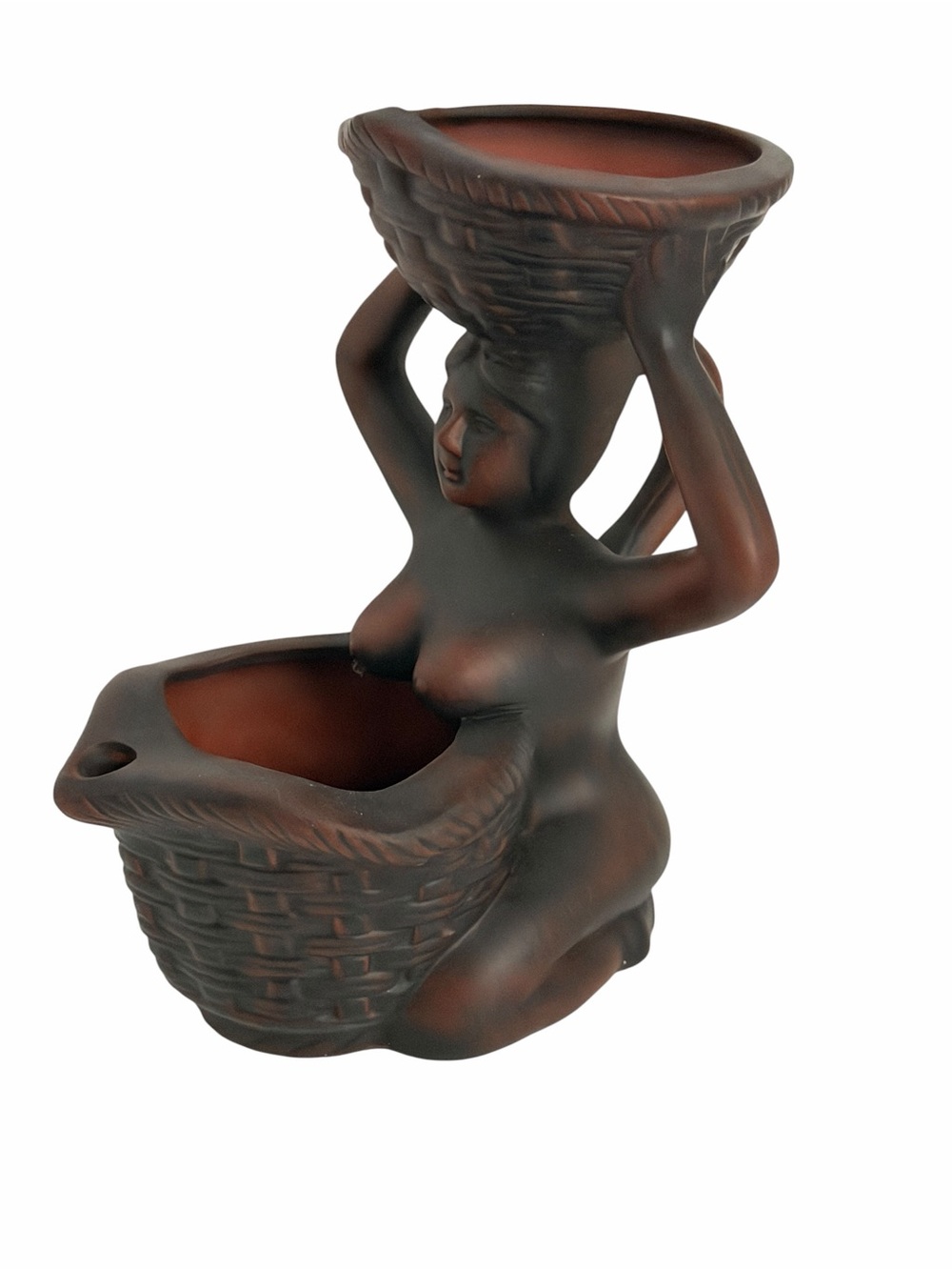 Vintage Unmarked Terracotta Nude Woman Basket Ashtray Brown Pottery Figurine